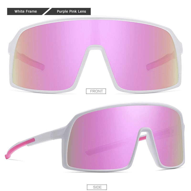 Unisex sports big frame goggles with white frame and purple pink lenses, UV400 protection, stylish and windproof eyewear.