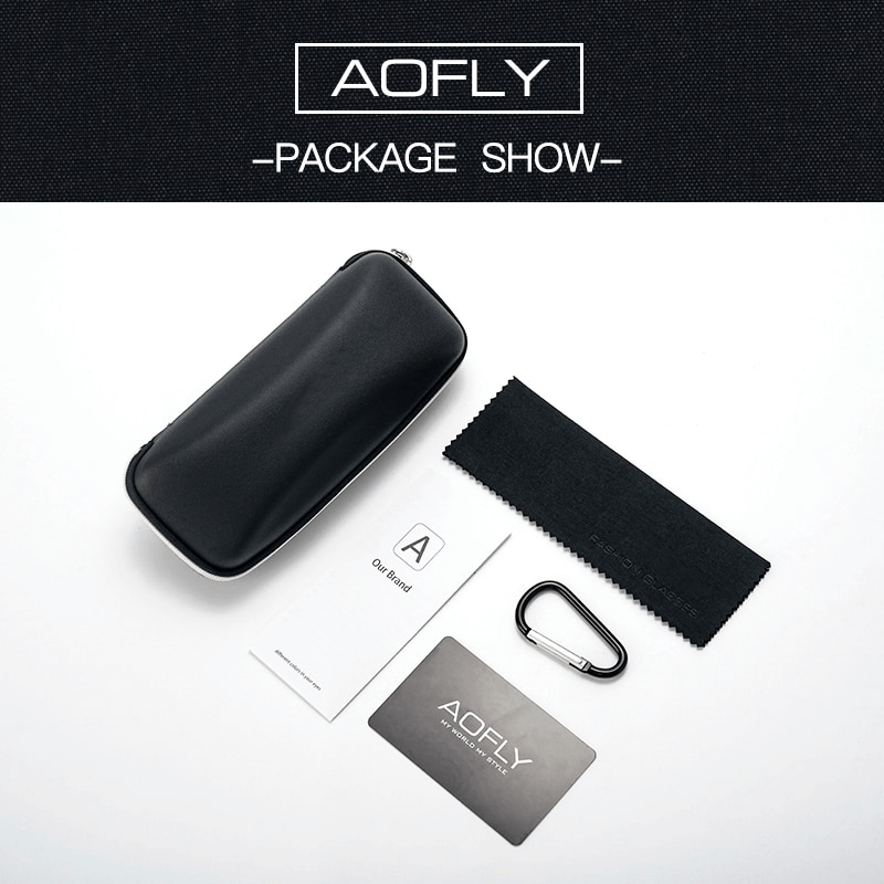 AOFly eyewear package including a black case, cloth, carabiner, and cards displayed on a white surface.