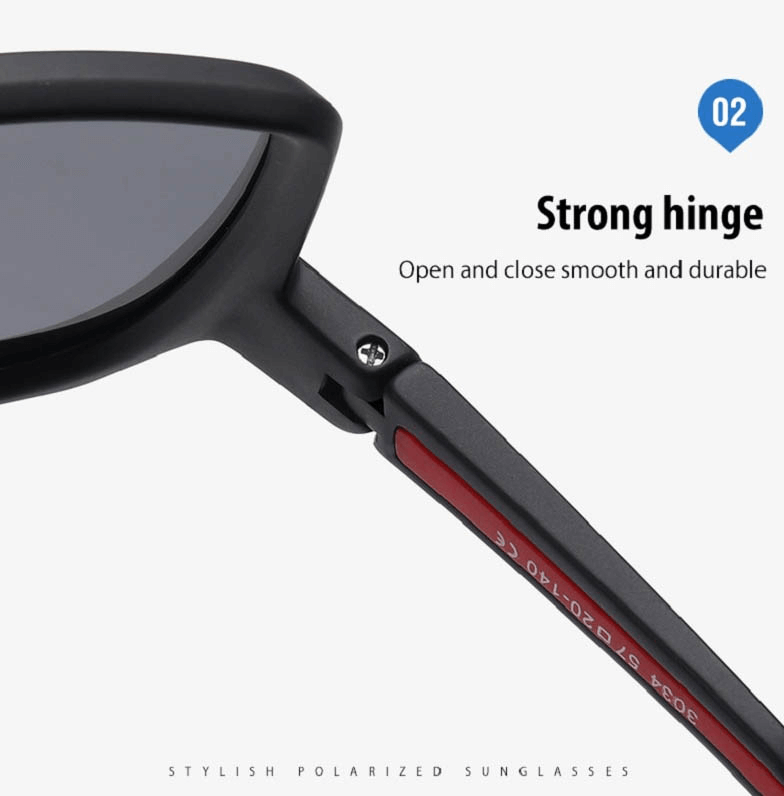 Close-up of sports eyewear with strong hinge, highlighting durability and smooth open-close mechanism, UV400 protection.