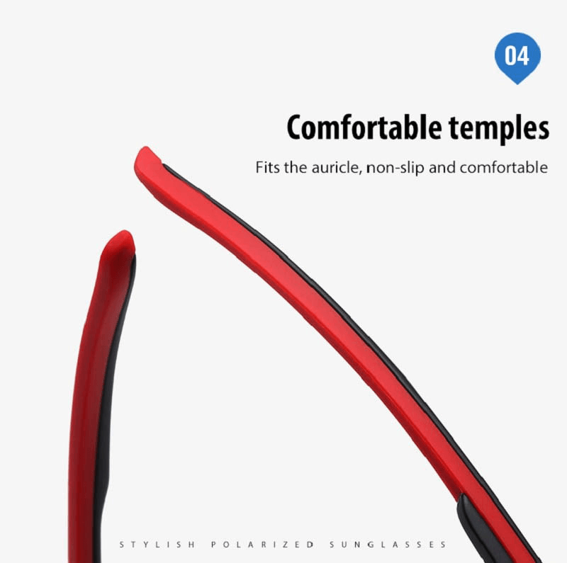 Close-up of red temple arms on stylish polarized sunglasses with text: 'Comfortable temples - Non-slip and comfortable fit'.
