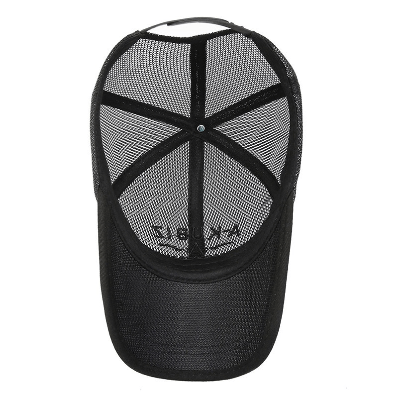 Back view of black mesh sports golf snapback hat showcasing breathable design and adjustable strap, ideal for outdoor activities.
