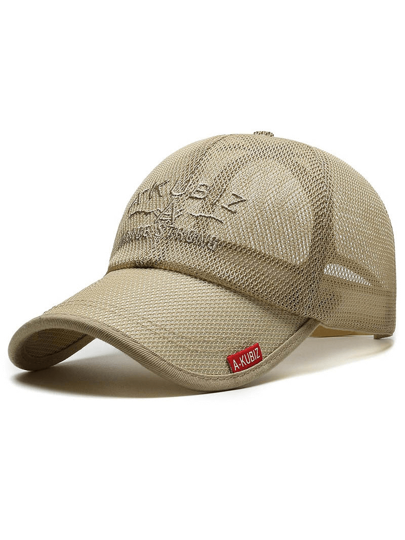 Beige Sports Breathable Mesh Golf Snapback Hat - Quick Dry Baseball Cap with Stylish Letter Pattern, Ideal for Outdoor Use.