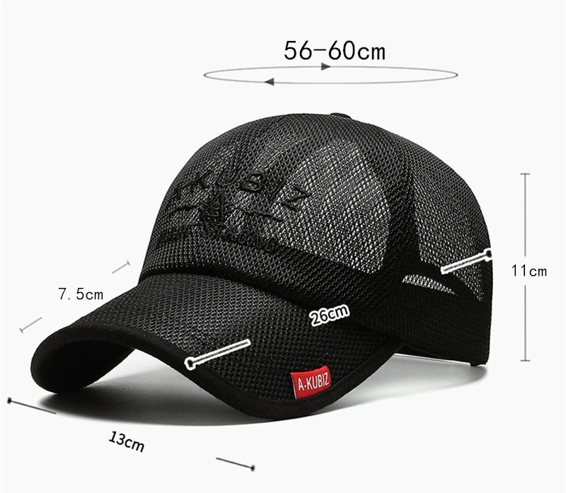 Black breathable mesh golf snapback hat with quick-dry fabric and adjustable strap, showcasing dimensions for versatile outdoor sports.