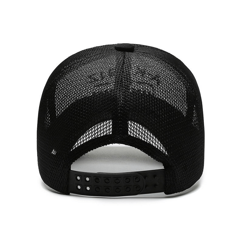 Back view of black Sports Breathable Mesh Golf Snapback Hat with adjustable strap, perfect for outdoor adventures.