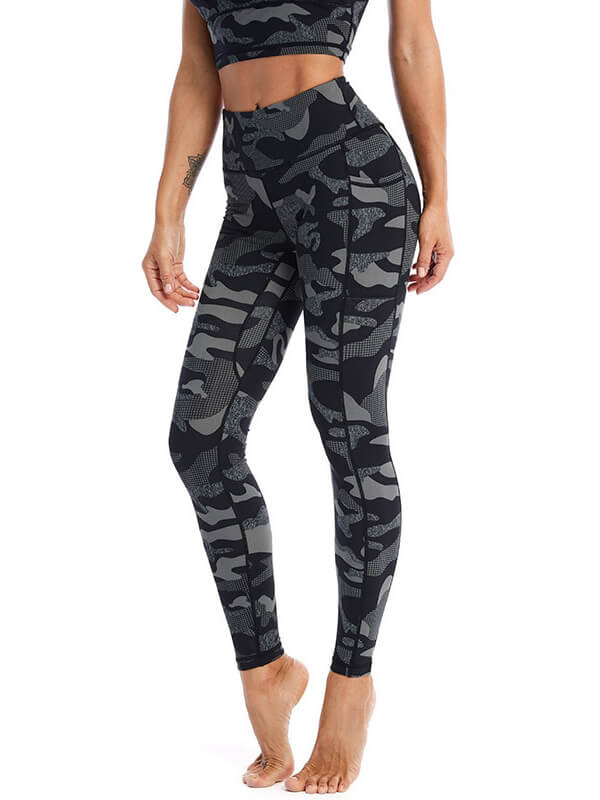 Stylish sports camouflage leggings for women, high-waist, full-length yoga pants, breathable nylon-spandex blend for comfort.
