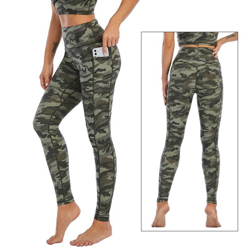Women wearing high-waist camouflage leggings for sports and yoga, featuring a breathable nylon-spandex blend with soft fabric.