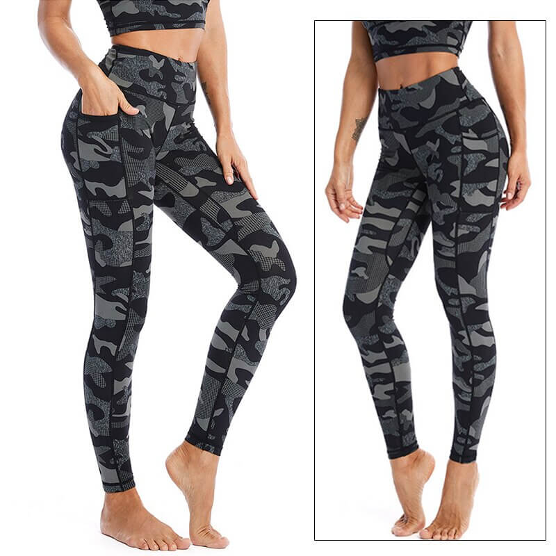 High waist sports camouflage leggings for women, full-length yoga pants made of breathable nylon and spandex blend, SF0993.