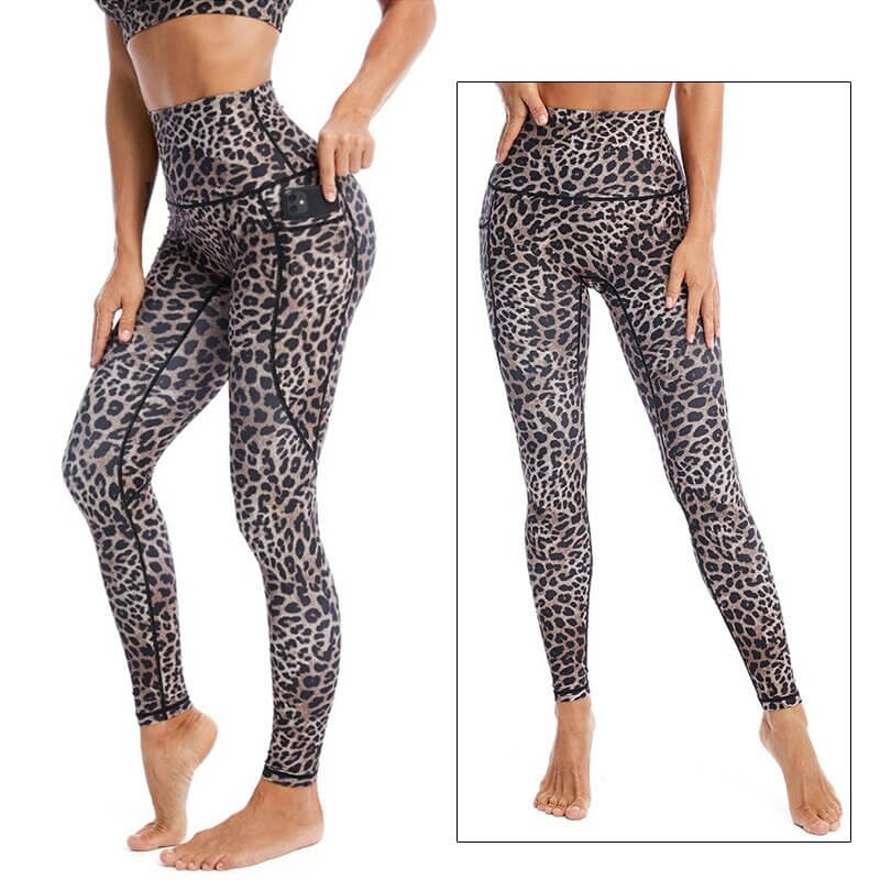 Woman in camouflage leopard print high waist sports leggings showcasing stretchy and breathable yoga pants with pockets.
