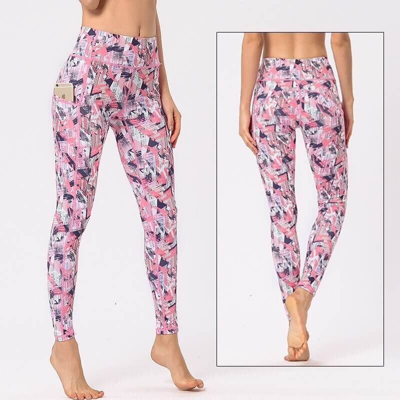 Woman wearing pink camouflage high-waist sports leggings, showcasing front and back view. Comfortable and stylish for yoga or workouts.