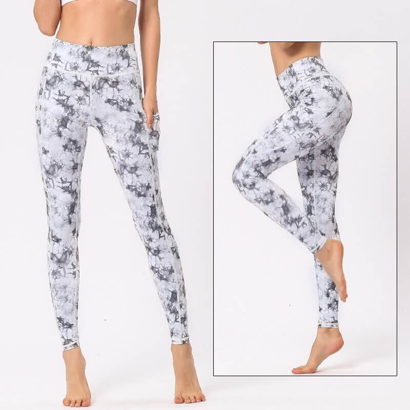 High-waisted camouflage leggings for women; ideal for yoga; breathable nylon-spandex blend; comfortable and stylish workout wear.