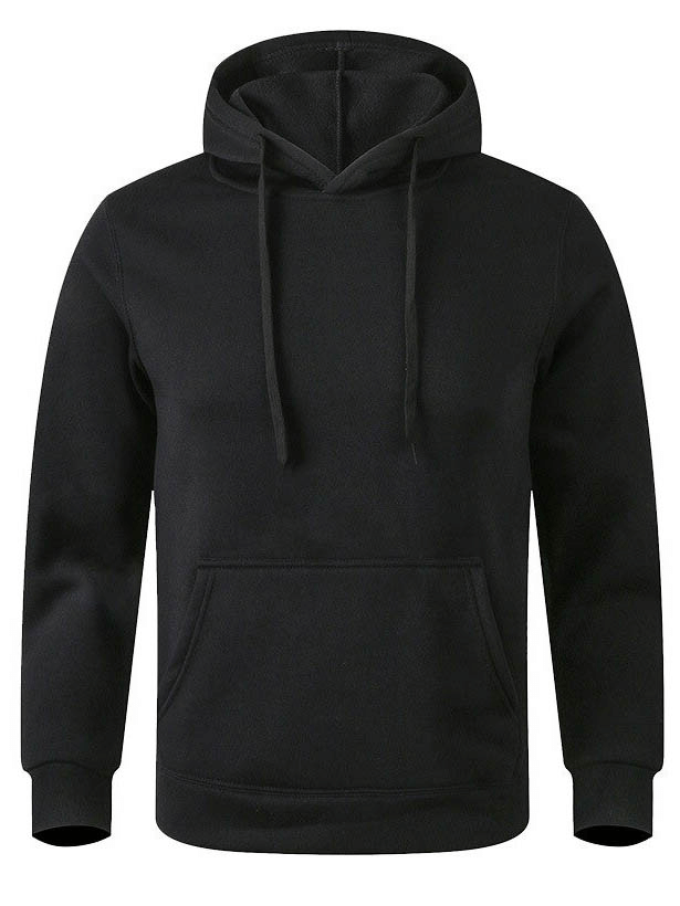 Black sports casual fleece hoodie, unisex, long-sleeve, solid color with hood, perfect for warmth and style in cool weather.