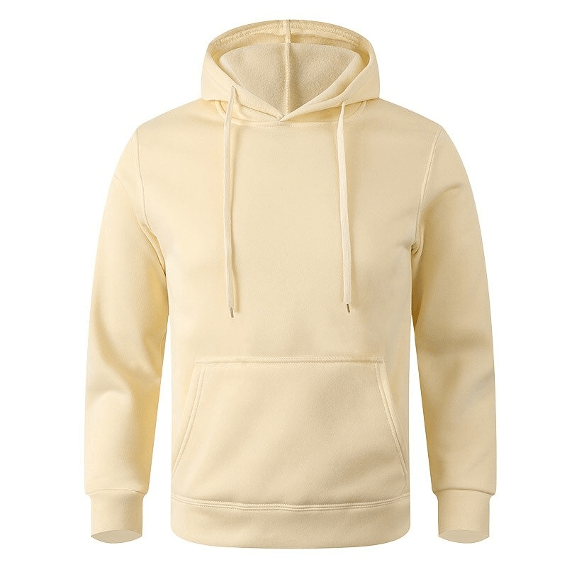 Sports Casual Solid Color Fleece Hoodie in beige, unisex warm clothing perfect for cooler weather, with hood and pocket.