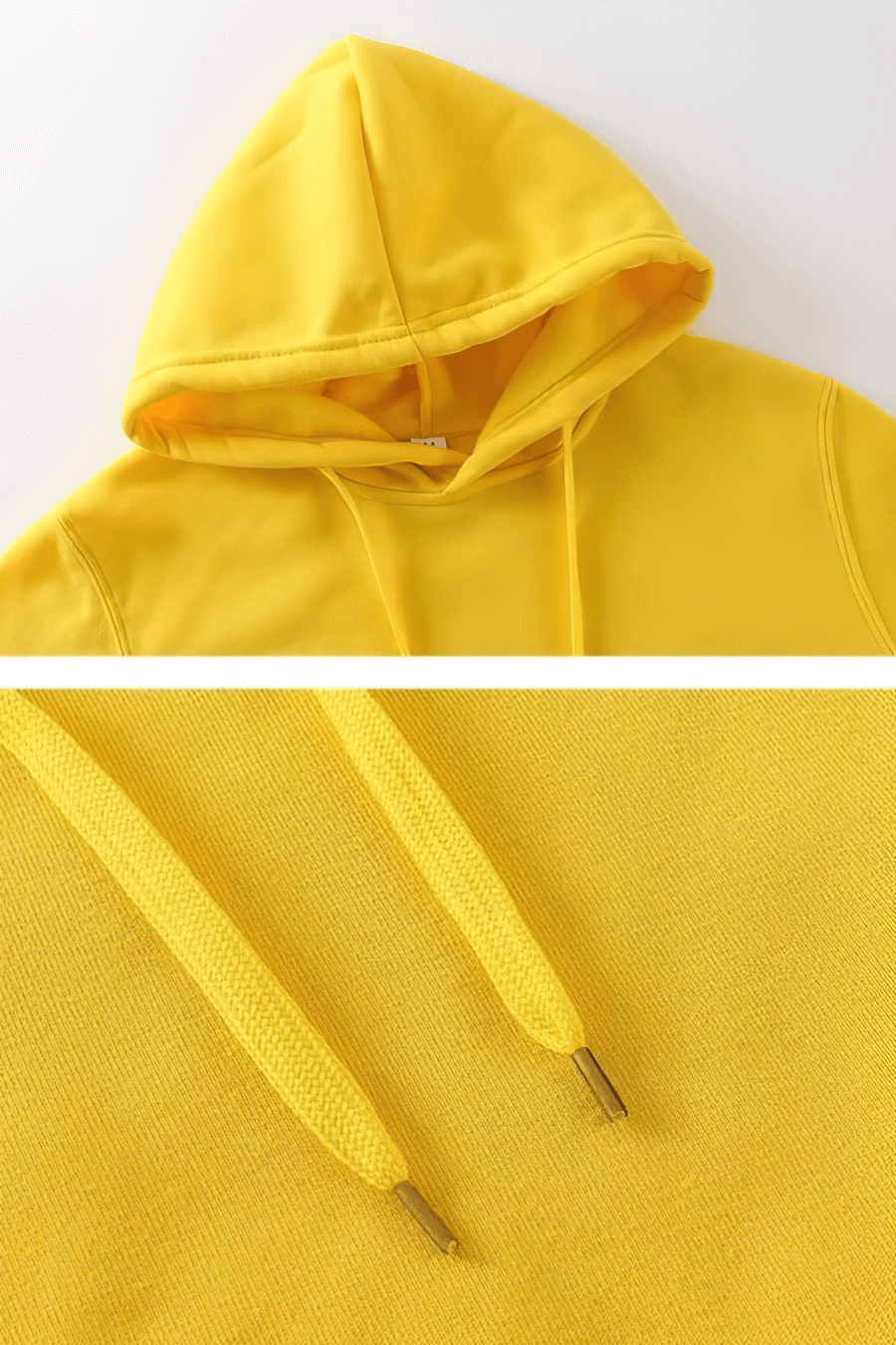 Vibrant yellow fleece hoodie with hooded collar and drawstring detail, perfect for casual wear and warmth in cooler weather.