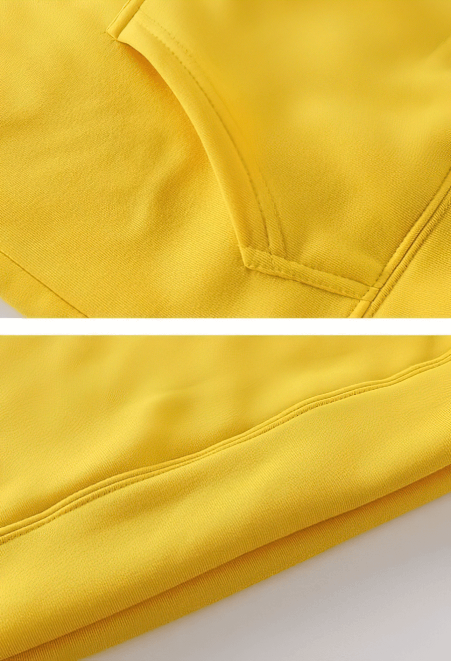 Close-up of yellow fleece hoodie showcasing pocket and sleeve details, ideal for casual style and warmth. Unisex clothing, product code SF0417.