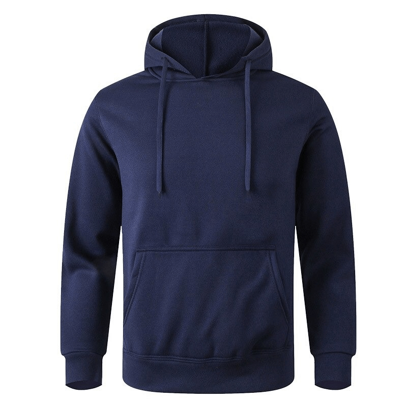Sports Casual Solid Color Fleece Hoodie in navy blue, warm unisex design with hood and long sleeves, perfect for cool weather.
