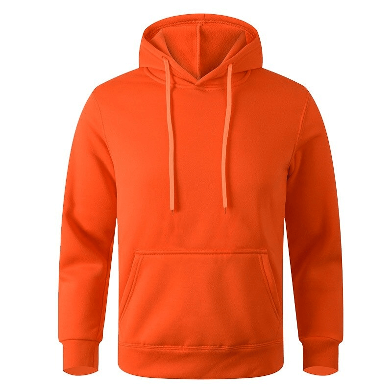 Bright orange sports casual hoodie, unisex fleece blend with hooded collar and long sleeves, perfect for staying warm and stylish.