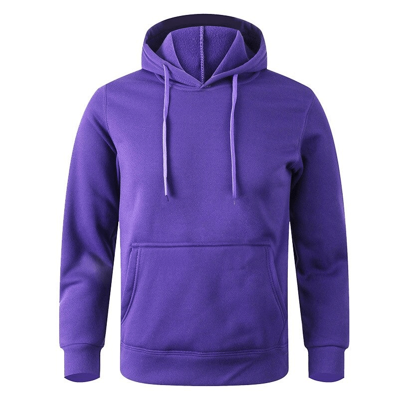Purple fleece hoodie with hooded collar and pouch pocket, unisex casual wear, perfect for staying warm and stylish.