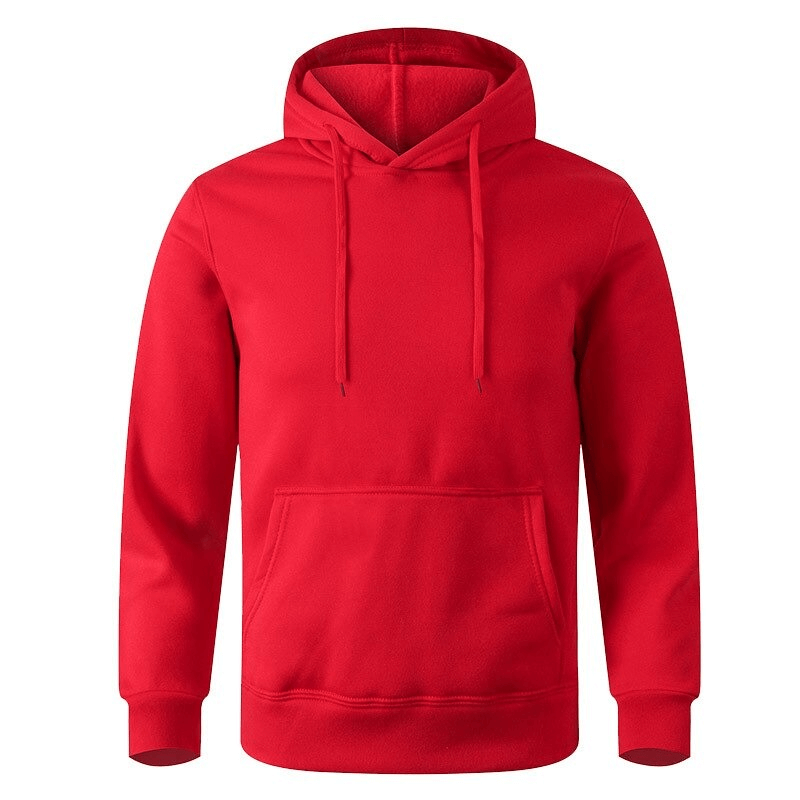 Red sports casual solid color fleece hoodie, warm unisex clothing, featuring hooded collar, long sleeve, cotton blend for cooler weather.