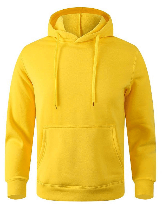 Yellow unisex fleece hoodie with hooded collar and front pocket, perfect for casual wear and staying warm in cool weather.