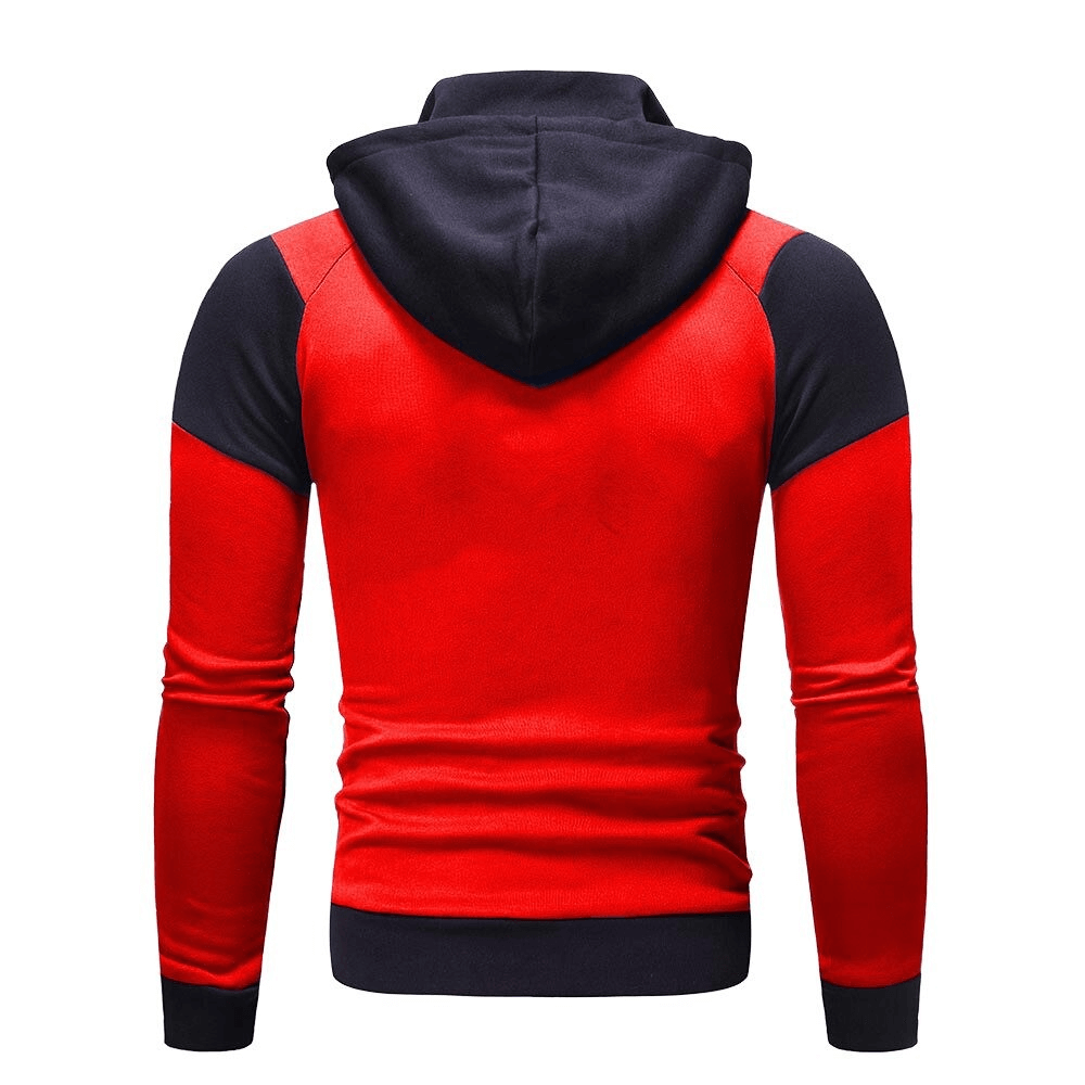 Men's slim hoodie with double zipper in red and black, featuring a hood and patchwork design. Perfect casual wear for winter warmth.
