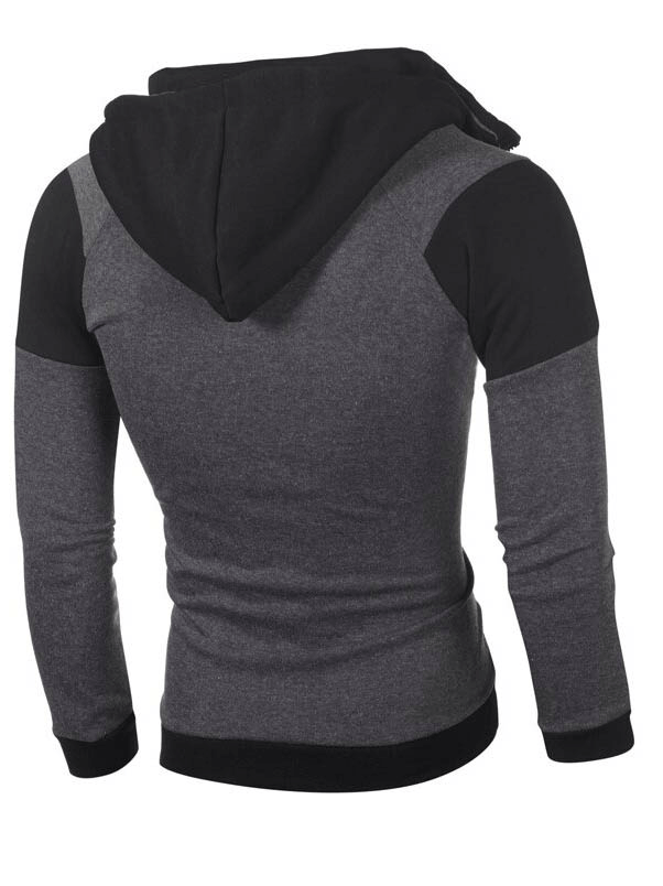 Back view of a gray and black sports double zipper slim hoodie for men, featuring a hood and long sleeves. Style: SF0298.