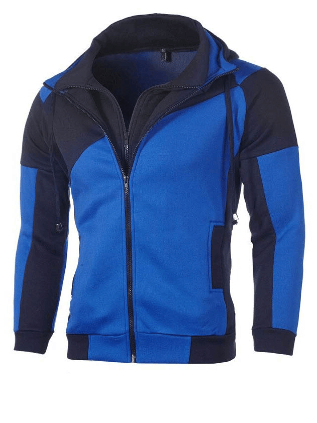 Blue and black sports double zipper slim hoodie for men, casual winter clothing, featuring a hooded collar and patchwork pattern
