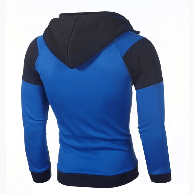 Blue and black men's sports hoodie with double zipper, featuring a hooded collar, patchwork design, slim fit for winter warmth.