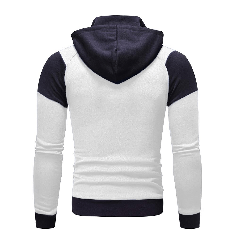 Back view of sports double zipper slim hoodie in white and black, casual winter male clothing.