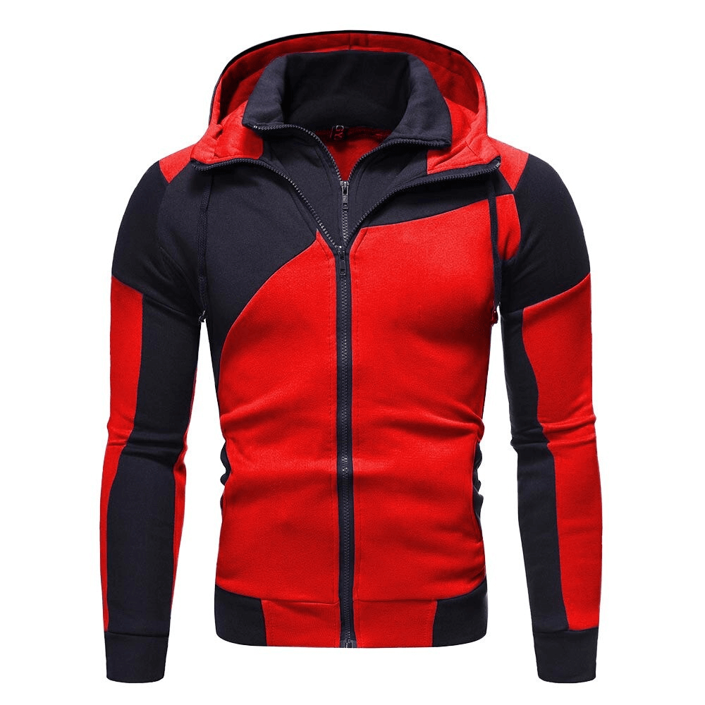 Red and black sports double zipper slim hoodie for men, featuring a hooded collar and patchwork pattern.