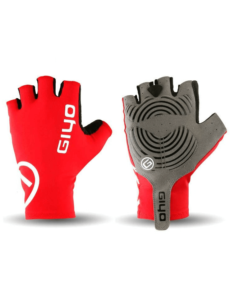 Red unisex cycling half-finger gloves for comfort and protection, featuring a breathable cotton design. Perfect for cycling enthusiasts.