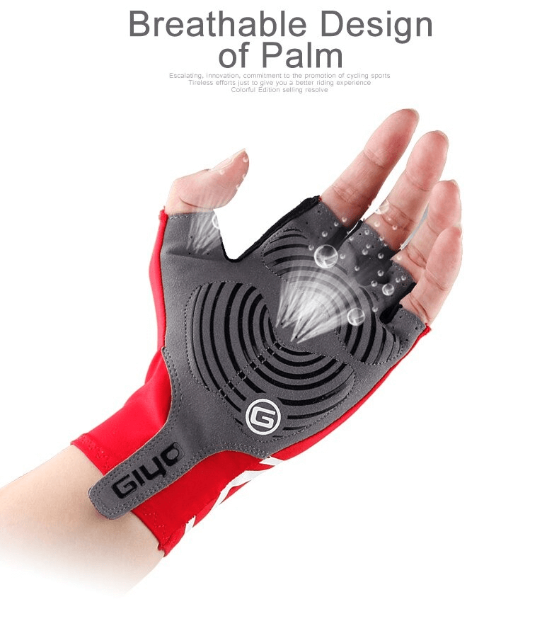 Red unisex half-finger bicycle gloves with breathable design, showcasing comfort and water-resistant palm, perfect for cycling enthusiasts.