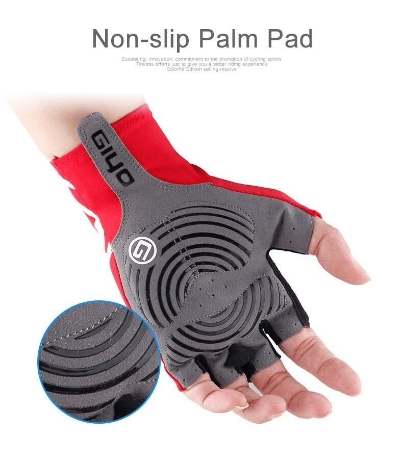 Close-up of red and gray sports elastic bicycle half-finger glove with non-slip palm pad for cycling enthusiasts.