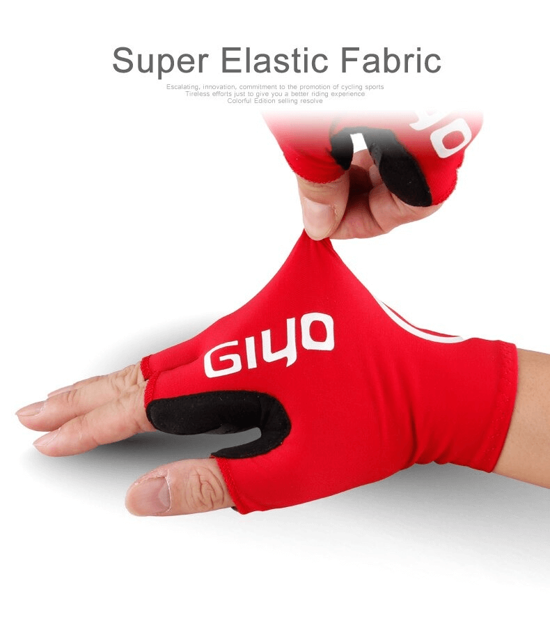 Red sports elastic bicycle half-finger gloves showing stretch and fit, highlighting breathable cotton material for cycling enthusiasts.