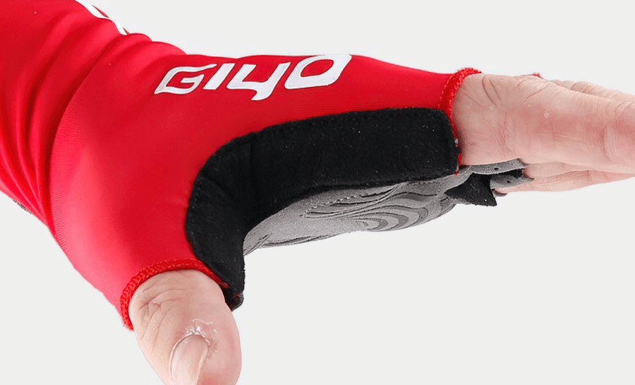 Red sports elastic bicycle half-finger gloves for unisex with grip view, perfect for cycling enthusiasts.