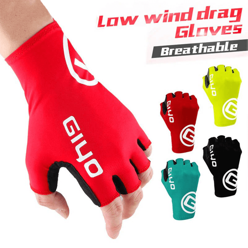 Colorful unisex half-finger cycling gloves in red, yellow, blue, and black. Featuring low wind drag and breathable design for comfort.