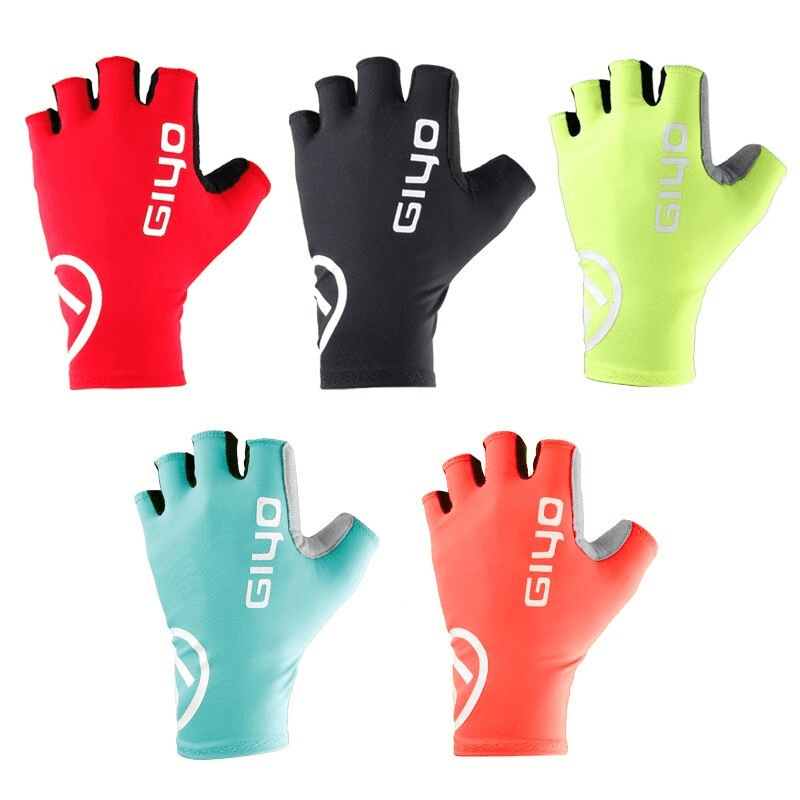 Colorful unisex sports elastic bicycle half-finger gloves SF0303, breathable and durable, available in red, black, green, blue, and orange.