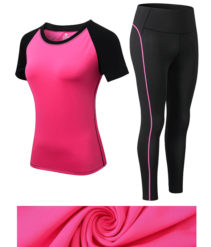 Women's sports elastic pink and black short-sleeve split suit for yoga and fitness, eco-friendly quick-dry fabric, SF1128.