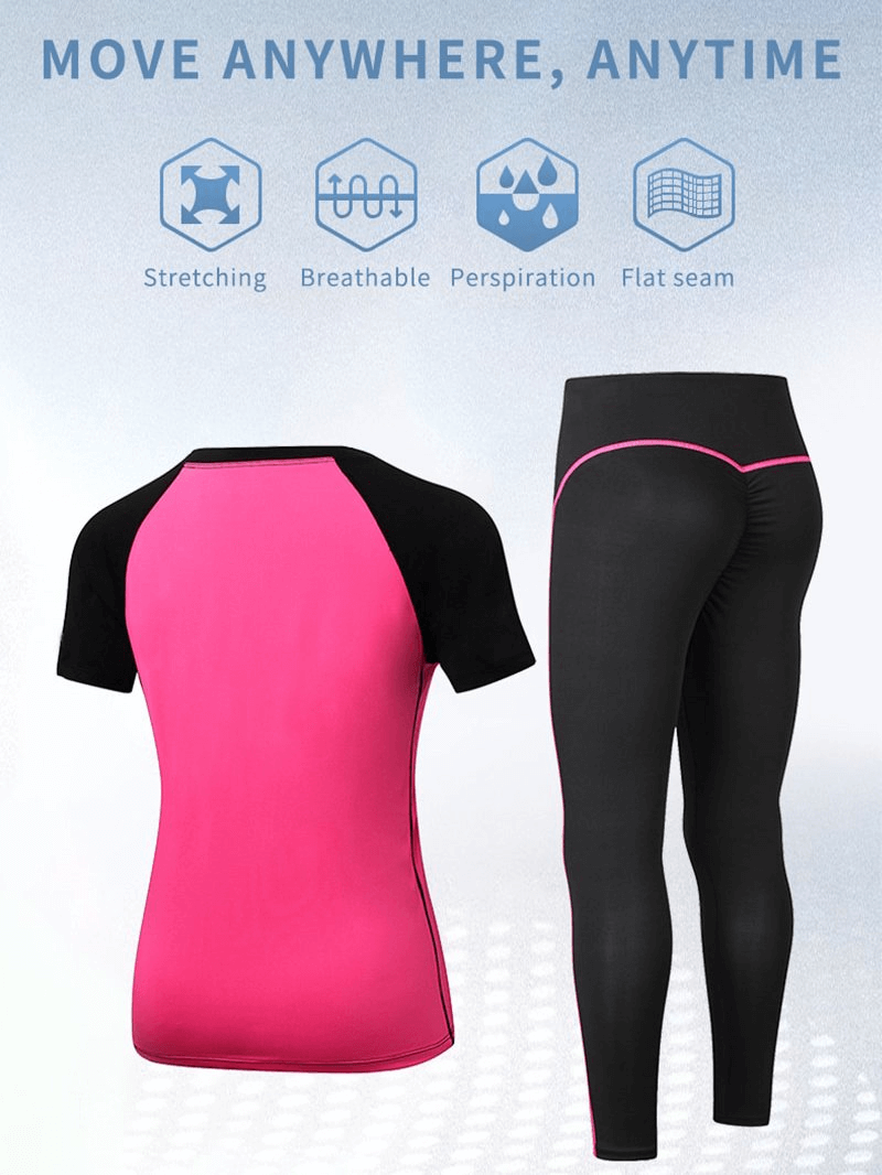 Pink and black short-sleeve athletic suit for women, showcasing stretch and breathability features. Ideal for yoga and fitness.