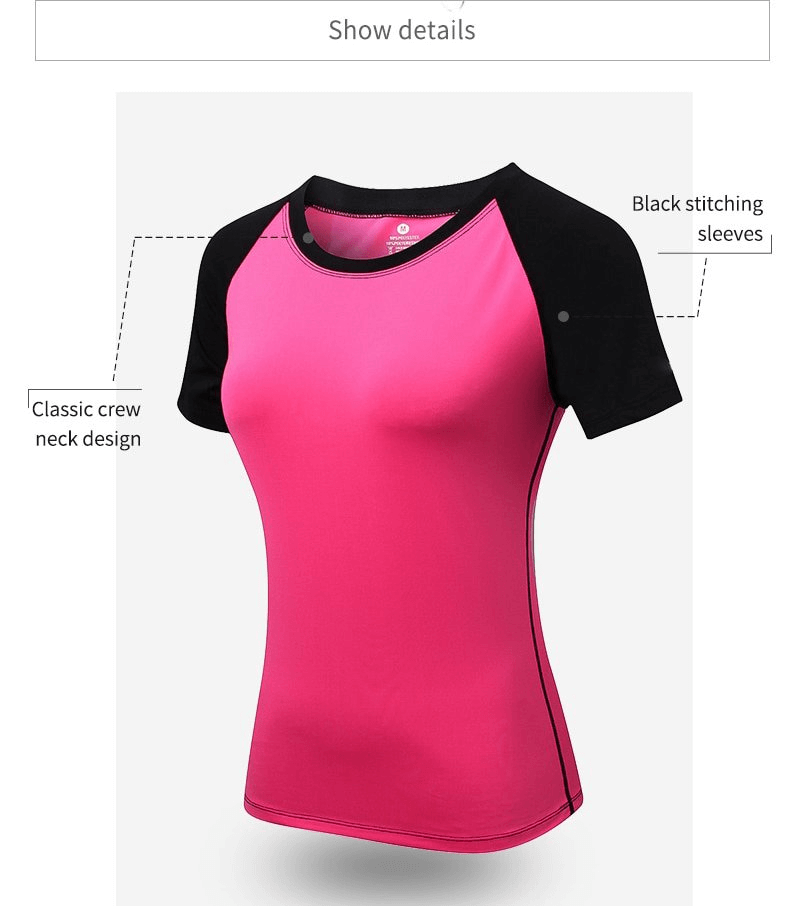 Pink and black short-sleeve athletic shirt with crew neck design for women's training sessions.