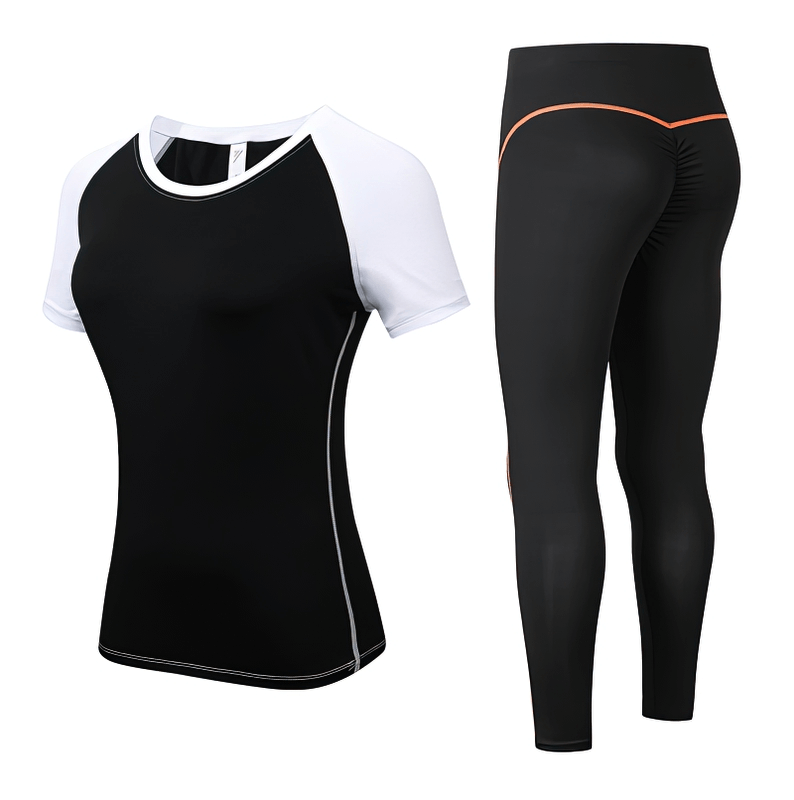 Black and white short-sleeve elastic sports suit for women's training, includes top and leggings, perfect for yoga and running.