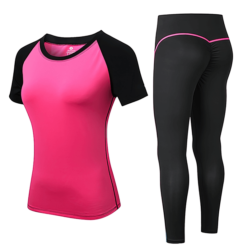 Bright pink and black women's short-sleeve split suit for yoga, featuring eco-friendly quick-dry fabric, SF1128 activewear set.