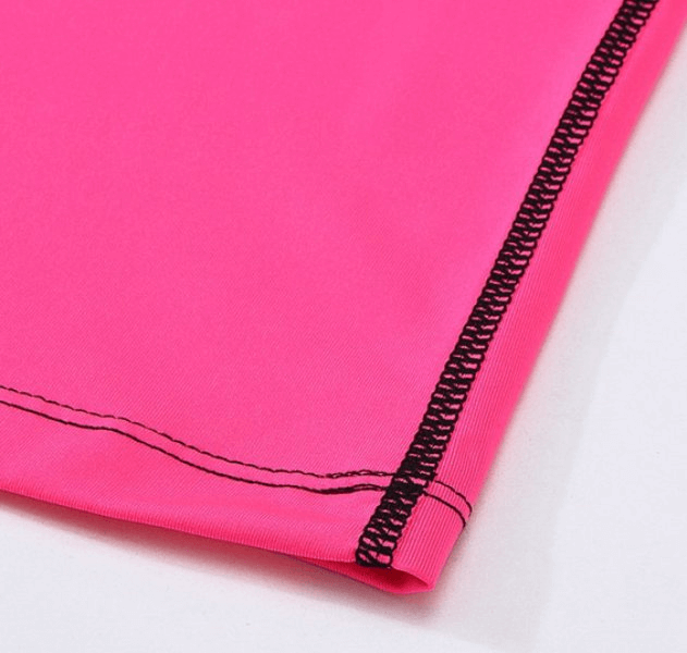 Close-up of stitching on pink Sports Elastic Women's Short-Sleeve Split Suit for Training, featuring eco-friendly quick-drying fabric.