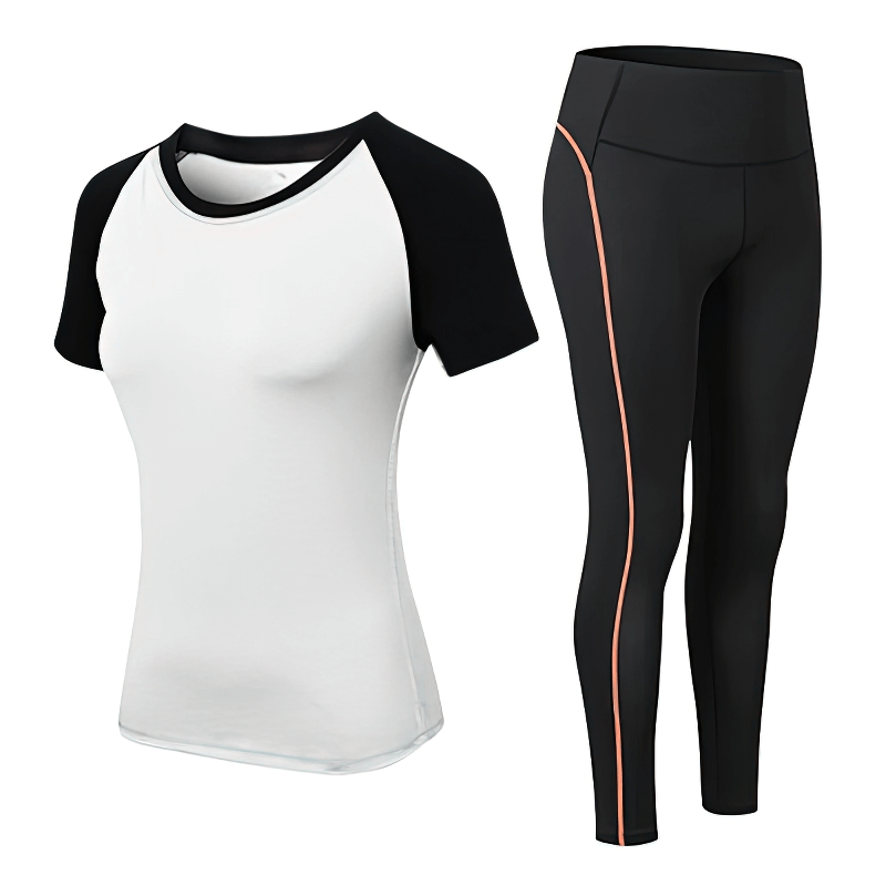 Sporty and stylish women's short-sleeve split training suit in black and white, perfect for yoga and fitness with eco-friendly fabric.