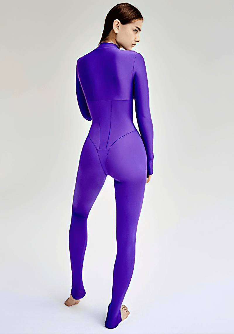 Female model in purple long sleeve jumpsuit with zipper, perfect for sports and fitness, showcasing flattering silhouette, SF1061.