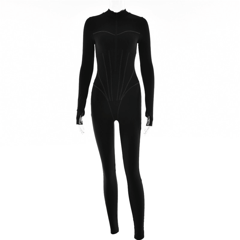 Stylish black long sleeve jumpsuit with front zipper for women, perfect for sports and jogging. Comfortable polyester with mid-waist fit.