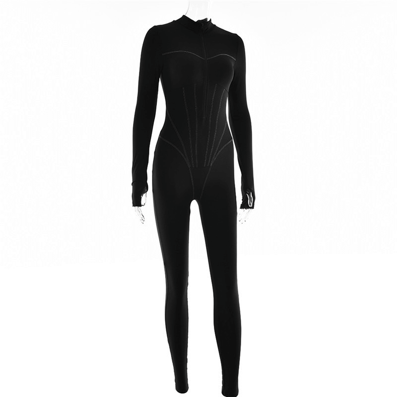 Sports Female Sexy Long Sleeves Jumpsuit with Front Zipper - SF1061, mid-waist design, slight stretch, solid pattern, perfect for jogging.