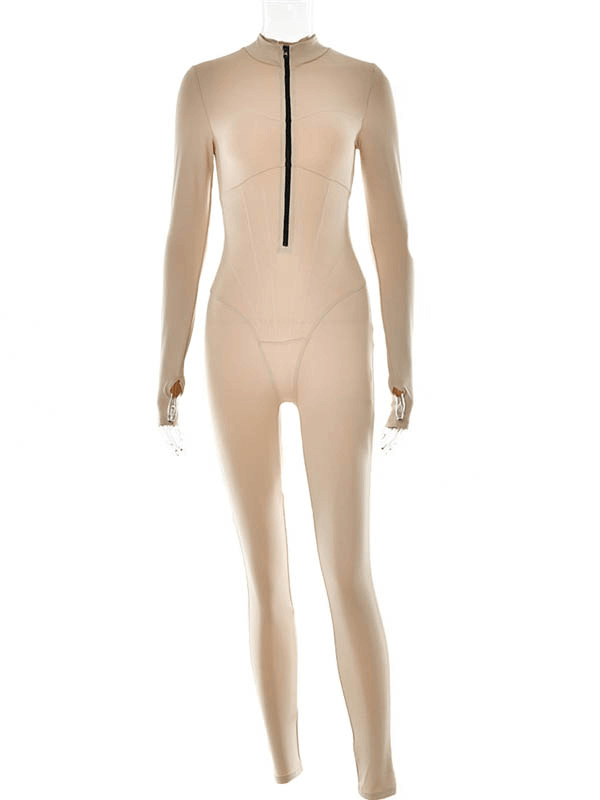 Beige long sleeve jumpsuit with front zipper, perfect for stylish sports activities, model SF1061.