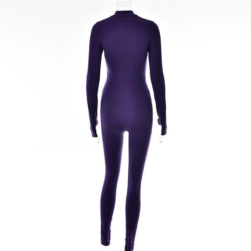 Back view of a purple sports female long sleeve jumpsuit with a front zipper, showcasing a sleek silhouette ideal for athletic wear.