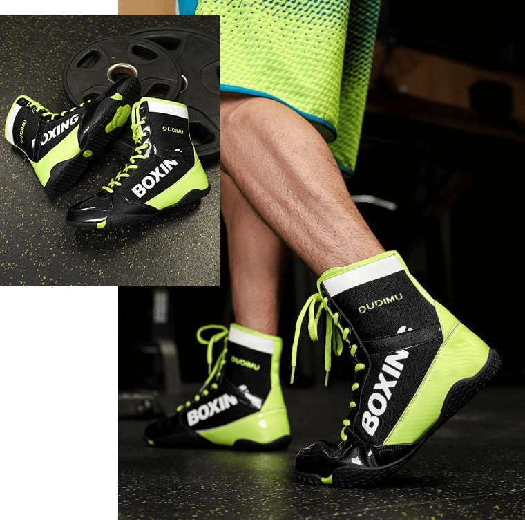 Bright green and black boxing shoes worn by an athlete, highlighting the design and branding "Boxing" on the side.