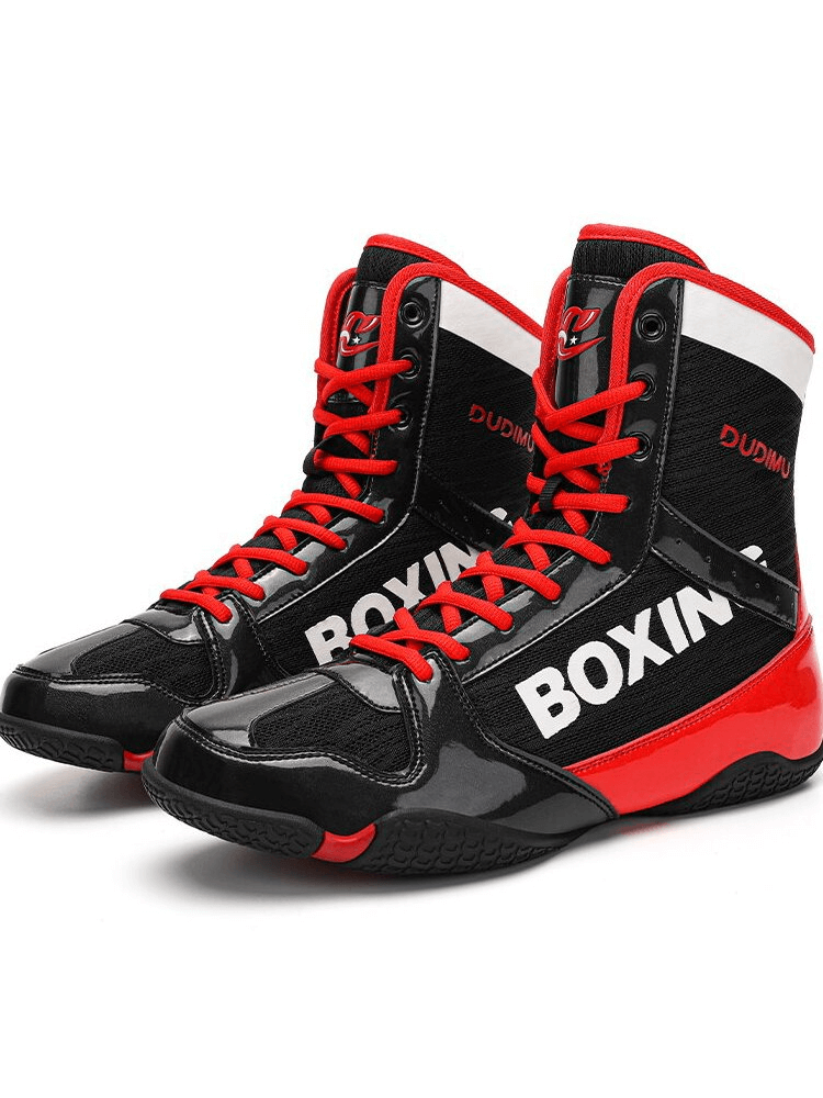 Black and red unisex wrestling sneakers with anti-slip sole, perfect for flexibility and grip, featuring lace-up closure.
